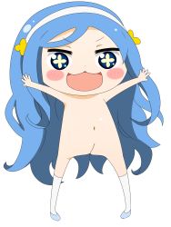 Rule 34 | + +, 10s, 1girl, :3, :d, blue eyes, blue hair, blush, blush stickers, chibi, female focus, flat chest, hair ornament, hairband, happy, highres, himouto! umaru-chan, long hair, navel, no nipples, nude, open mouth, outstretched arms, pussy, shoes, simple background, smile, solo, spread arms, standing, symbol-shaped pupils, tachibana sylphynford, thighhighs, uncensored, utamaru (arufa), wavy hair, what, white background, white thighhighs