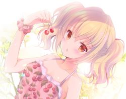 Rule 34 | 1girl, arm up, bare arms, bare shoulders, blonde hair, breasts, camisole, cherry blossoms, cherry print, collarbone, commentary request, food, food print, hair between eyes, holding, holding food, looking at viewer, original, parted lips, pink camisole, pink scrunchie, print camisole, print scrunchie, red eyes, scrunchie, shirogane hina, small breasts, solo, twintails, upper body, wrist scrunchie