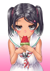 Rule 34 | 1girl, anchor ornament, black eyes, black hair, braid, commentary request, commission, cowboy shot, dress, eating, food, gradient background, kantai collection, looking at viewer, low-cut armhole, mayura (lucadia), mole, mole under eye, neckerchief, popsicle, red background, sailor collar, sailor dress, scirocco (kancolle), short hair, sleeveless, sleeveless dress, solo, striped neckerchief, striped neckwear, tan, two side up, watermelon bar, white background, white dress, white sailor collar