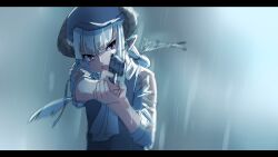 Rule 34 | 1girl, beret, blue dress, blue hat, commentary request, dress, gun, handgun, hat, highres, holding, holding gun, holding weapon, horns, kuro kosyou, letterboxed, long hair, low twintails, motion blur, open mouth, original, pointy ears, purple eyes, rain, see-through, see-through sleeves, solo, twintails, v-shaped eyebrows, weapon, weapon request, white hair