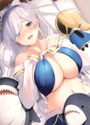 Rule 34 | 1girl, anastasia (fate), anastasia (swimsuit archer) (fate), anastasia (swimsuit archer) (third ascension) (fate), bare shoulders, bikini, blue bikini, blue eyes, blue skirt, blush, bow, breasts, cleavage, collarbone, doll, fate/grand order, fate (series), hair bow, hair over one eye, jewelry, kujiran, large breasts, long hair, long sleeves, looking at viewer, navel, necklace, open mouth, ponytail, puffy long sleeves, puffy sleeves, silver hair, skirt, smile, swimsuit, very long hair, viy (fate)