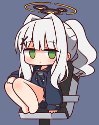 Rule 34 | 1girl, barefoot, black hoodie, black shorts, blue archive, blush, chair, chibi, closed mouth, empty eyes, green eyes, grey background, grey hair, hair intakes, hair ornament, halo, hana kazari, hare (blue archive), highres, hood, hood down, hoodie, long hair, long sleeves, looking at viewer, office chair, on chair, ponytail, puffy long sleeves, puffy sleeves, revision, short shorts, shorts, sidelocks, simple background, sitting, sleeves past wrists, solo, swivel chair