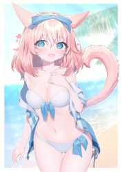Rule 34 | 1girl, :d, animal ears, warrior of light (ff14), beach, bikini, blue eyes, breasts, cat ears, cat girl, cat tail, final fantasy, final fantasy xiv, funa (sakana), heart, highres, large breasts, miqo&#039;te, ocean, off shoulder, open clothes, open mouth, open shirt, palm leaf, pink hair, shirt, short hair, smile, swimsuit, tail, water