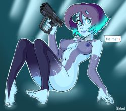 Rule 34 | 1girl, ass, bintend9, blue eyes, breasts, cortana, female focus, halo (game), nipples, text focus, weapon