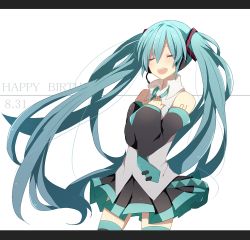Rule 34 | 1girl, aqua hair, dated, detached sleeves, closed eyes, hands on own chest, happy birthday, harusawa, hatsune miku, headset, letterboxed, long hair, necktie, open mouth, skirt, solo, thighhighs, twintails, very long hair, vocaloid