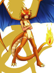 Rule 34 | 1girl, blue eyes, charizard, creatures (company), dragon girl, fire, fire, flame-tipped tail, game freak, gen 1 pokemon, kissets, moemon, nintendo, personification, pokemon, red hair, solo, tail, wings