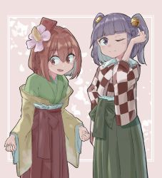 Rule 34 | 2girls, 5alive, bell, blunt bangs, brown eyes, brown hair, closed mouth, commentary request, cosplay, costume switch, flower, hair bell, hair between eyes, hair flower, hair ornament, hakama, hakama skirt, hieda no akyuu, hieda no akyuu (cosplay), highres, japanese clothes, kimono, long sleeves, looking at viewer, motoori kosuzu, motoori kosuzu (cosplay), multiple girls, open mouth, purple eyes, purple hair, short twintails, skirt, smile, standing, touhou, twintails, wide sleeves
