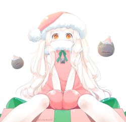 Rule 34 | 10s, 1girl, abyssal ship, alternate color, bow, box, colored skin, covered mouth, gift, gift box, hat, kantai collection, long hair, looking at viewer, mittens, northern ocean princess, orange eyes, ribbon, runamochi, santa hat, silver hair, simple background, sitting, solo, twitter username, v arms, white background, white skin