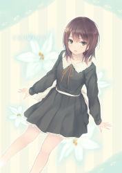 Rule 34 | 1girl, bare legs, black eyes, coffee-kizoku, copyright name, dress, english text, engrish text, flower, flowers (innocent grey), from above, hair flower, hair ornament, hairclip, highres, innocent grey, kousaka mayuri, long hair, long sleeves, looking at viewer, looking up, open mouth, purple hair, ranguage, school uniform, sitting, solo, typo