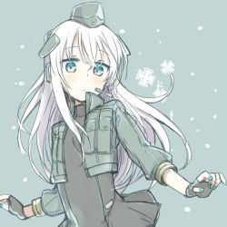Rule 34 | 10s, 1girl, aqua nails, blonde hair, blue eyes, buttons, cropped jacket, fingerless gloves, garrison cap, gloves, hat, headphones, headset, highres, kantai collection, long hair, long sleeves, looking at viewer, microphone, military, military uniform, nail polish, nonono (mino), resolution mismatch, solo, source larger, swimsuit, swimsuit under clothes, u-511 (kancolle), uniform, white hair