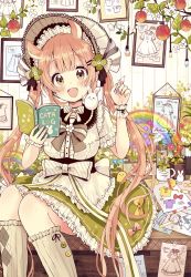 Rule 34 | 1girl, :d, animal, animal ears, animal on shoulder, apron, bird, blue flower, blunt bangs, blush, bonnet, book, bow, breasts, brown bow, brown eyes, brown hair, brown socks, center frills, chick, colored pencil, commentary request, diagonal stripes, fingernails, flower, frilled apron, frilled skirt, frills, green skirt, hair ornament, hairclip, hands up, head tilt, highres, holding, holding book, holding pencil, kneehighs, long hair, medium breasts, open book, open mouth, original, pencil, picture frame, puffy short sleeves, puffy sleeves, purple flower, rabbit, rainbow, red flower, ribbed legwear, ribbon-trimmed legwear, ribbon trim, sakura oriko, shirt, short sleeves, sitting, skirt, smile, socks, solo, striped, trap, twintails, very long hair, waist apron, white apron, white bow, white flower, white headwear, white shirt, wrist cuffs, yellow flower