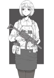 Rule 34 | 1girl, 787nanahachi, ammunition pouch, averting eyes, bags under eyes, belt, belt pouch, blunt bangs, bob cut, body armor, buckle, business casual, carabiner, closed mouth, collared shirt, commentary, empty eyes, expressionless, folding stock, foregrip, glowstick, greyscale, gun, gun sling, h&amp;k mp5k, handgun, highres, holding, holding gun, holding weapon, holstered, key, load bearing vest, long sleeves, magazine (weapon), mole, mole under eye, monochrome, office lady, original, pantyhose, pencil skirt, bulletproof vest, pouch, shirt, short hair, simple background, skirt, snap-fit buckle, solo, spot color, submachine gun, trigger discipline, two-tone background, utility belt, velcro, vertical foregrip, walther, walther ppk, weapon