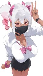Rule 34 | 1girl, bow, bowtie, bracelet, breasts, byeon dha, choker, cleavage, dark skin, drill hair, grey hair, hair bow, hand up, highres, jewelry, large breasts, mask, mole, mole under eye, momocca, mouth mask, multicolored hair, original, pink hair, red eyes, shirt, skirt, twin drills, two-tone hair, v, white shirt
