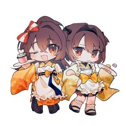 Rule 34 | 2girls, alternate costume, apron, black bow, black footwear, boots, bow, brown hair, chibi, food, full body, hair between eyes, hair bow, hairband, holding, holding plate, hyuuga (kancolle), ise (kancolle), japanese clothes, kantai collection, kazeshio, kimono, long hair, long sleeves, looking at viewer, macaron, maid, multiple girls, one eye closed, open mouth, orange eyes, orange kimono, plate, ponytail, red bow, shoes, short hair, simple background, wa maid, white apron, white background, wide sleeves, yellow kimono