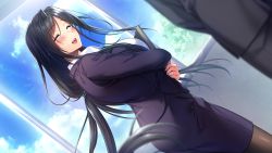 Rule 34 | 1girl, ass, azarashi soft, black hair, blush, boku to kanojo no kojin lesson, breasts, closed eyes, cloud, day, formal, from below, game cg, hands up, happy, highres, hinazuka ryou, holding, indoors, large breasts, legs, light blush, long hair, low-tied long hair, open mouth, pantyhose, parted bangs, skirt, sky, smile, standing, suit, thighs, tsukimori misaki, window