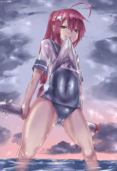 Rule 34 | 10s, 1girl, ahoge, cameltoe, empty eyes, gluteal fold, hair ribbon, i-168 (kancolle), kantai collection, long hair, looking at viewer, mouth hold, name tag, one-piece swimsuit, partially submerged, ponytail, red hair, ribbon, school swimsuit, school uniform, serafuku, silver bell (artist), smile, solo, submarine, swimsuit, swimsuit under clothes, torpedo, wading, watercraft