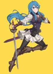 Rule 34 | 1girl, absurdres, belt, black belt, blue eyes, blue hair, boots, breasts, brown footwear, brown gloves, commentary, ebinku, eirika (fire emblem), english commentary, fingerless gloves, fire emblem, fire emblem: the sacred stones, floating, floating hair, gloves, hand on own chest, highres, holding, holding sword, holding weapon, knee boots, long hair, looking at viewer, nintendo, skirt, small breasts, smile, solo, sword, turtleneck, twisted torso, weapon, white skirt