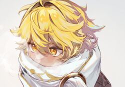 Rule 34 | 1boy, aether (genshin impact), ahoge, blonde hair, genshin impact, hair between eyes, hair intakes, highres, male focus, portrait, scarf, scarf over mouth, simple background, solo, white background, white scarf, yellow eyes, yonaga tsuki25