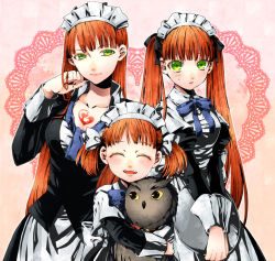 Rule 34 | 10s, 3girls, aged down, aged up, alternate costume, animal, animal hug, arcana famiglia, bird, bow, closed eyes, collarbone, dress, enmaided, felicita, fukurouta, green eyes, hair bow, hair down, hair ribbon, hug, looking at viewer, maid, maid headdress, multiple girls, multiple persona, open mouth, owl, puffy sleeves, red hair, ribbon, ruku (ruku 5050), short twintails, smile, tattoo, tray, twintails, unbuttoned, untied
