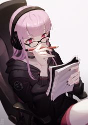 Rule 34 | 1girl, absurdres, black hoodie, black nails, blunt bangs, casual, chair, glasses, grey background, headphones, highres, holding, holding notebook, holding pencil, hololive, hololive english, hood, hoodie, long hair, long sleeves, mori calliope, nail polish, notebook, office chair, pencil, pink hair, red eyes, short shorts, shorts, sitting, solo, swivel chair, tostantan, virtual youtuber