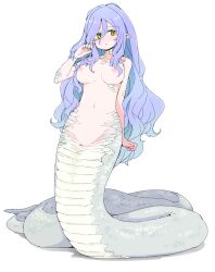 Rule 34 | 1girl, absurdres, arm at side, breasts, frfr, full body, green eyes, hair between eyes, hand up, highres, lamia, large breasts, long hair, looking at viewer, monster girl, navel, nipples, no pussy, nude, original, parted lips, purple hair, scales, simple background, slit pupils, solo, very long hair, white background
