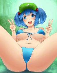 Rule 34 | 1girl, :d, ass, bikini, blue bikini, blue eyes, blue hair, blue ribbon, blunt bangs, blush, breasts, breasts apart, collarbone, covered erect nipples, double v, forest, front-tie bikini top, front-tie top, grass, green hat, hair bobbles, hair ornament, hat, head tilt, kawashiro nitori, large breasts, looking at viewer, lying, matching hair/eyes, nature, navel, on back, open mouth, outdoors, plant, ribbon, river, sakushin, short twintails, smile, solo, spread legs, stomach, stone, swimsuit, tareme, teeth, touhou, twintails, two side up, underboob, v, water