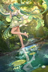 Rule 34 | 1girl, arua, barefoot, belt, blush, collared dress, dappled sunlight, day, detached sleeves, dress, forest, green eyes, green hair, green theme, hatsune miku, highres, holding, holding umbrella, lily pad, long hair, long sleeves, nature, outdoors, pleated dress, pond, reflection, reflective water, sash, scenery, sleeveless, sleeveless dress, smile, solo, standing, standing on one leg, sunlight, transparent, transparent umbrella, tree, twintails, umbrella, very long hair, vocaloid, water, water drop