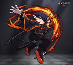 Rule 34 | 1boy, :d, arknights, back, black footwear, black hair, black jacket, black nails, black pants, black shirt, earrings, fire, flamebringer (arknights), full body, grin, hair between eyes, holding, holding sword, holding weapon, horns, jacket, jewelry, katana, lataedelan, long sleeves, looking at viewer, looking back, nail polish, open mouth, outstretched arm, pants, pointy ears, ring, sheath, sheathed, shirt, shoe soles, shoes, short hair, single horn, smile, sneakers, solo, sword, teeth, weapon, yellow eyes