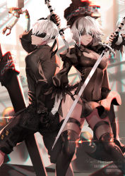 Rule 34 | 1boy, 1girl, back-to-back, black dress, black gloves, black jacket, black socks, blindfold, breasts, chromatic aberration, cleavage, dress, feather-trimmed sleeves, gloves, hairband, hetero, holding, holding hands, holding sword, holding weapon, jacket, juliet sleeves, kneehighs, long sleeves, medium breasts, nier (series), nier:automata, parted lips, pelvic curtain, pod (nier:automata), puffy sleeves, shei99, short hair, shorts, silver hair, socks, standing, sword, watermark, weapon, web address, 2b (nier:automata), 9s (nier:automata)