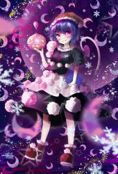 Rule 34 | 1girl, ankle boots, apron, artist name, blue hair, blush stickers, book, boots, crescent, doremy sweet, fur trim, grin, hat, highres, looking at viewer, nightcap, palinus, pom pom (clothes), red eyes, short hair, skirt, skirt set, smile, snowflakes, solo, sparkle, star (symbol), tail, tapir tail, touhou, waist apron