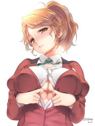 Rule 34 | 1girl, aquila (kancolle), blonde hair, blush, breasts, brown eyes, cleavage, collared shirt, embarrassed, green ribbon, hair between eyes, hair ornament, hairclip, high ponytail, highres, jacket, kantai collection, large breasts, long hair, long sleeves, messy hair, one-hour drawing challenge, ponytail, ribbon, shirt, sidelocks, simple background, solo, takase muh, upper body, wavy hair, white background, white shirt