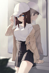 Rule 34 | 1boy, 1girl, absurdres, adjusting clothes, adjusting headwear, against wall, auuufox, baseball cap, black skirt, blue eyes, blush, breasts, brown hair, brown jacket, commentary, different reflection, genderswap, genderswap (mtf), hair between eyes, hand rest, hat, highres, jacket, leaning, long hair, looking at viewer, medium breasts, mirror, multiple persona, original, parted lips, reflection, shirt, short hair, skirt, thighs, white headwear, white shirt