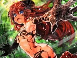 Rule 34 | 1girl, animal hands, blue eyes, breasts, claws, forest, green background, komota (kanyou shoujo), long hair, looking at viewer, nature, open mouth, original, outdoors, red hair, revealing clothes, small breasts, solo