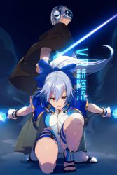 Rule 34 | 1boy, 1girl, beard, blue bow, blue jacket, blue one-piece swimsuit, bow, breasts, brown kimono, competition swimsuit, dual wielding, echo (circa), energy sword, facial hair, fate/grand order, fate (series), grey hair, hair between eyes, hair bow, hakama, hakama pants, hakama skirt, head-mounted display, headphones, highleg, highleg swimsuit, holding, jacket, japanese clothes, kimono, kneeling, large breasts, long hair, long sleeves, looking at viewer, old, old man, on one knee, one-piece swimsuit, open mouth, pants, ponytail, red eyes, sandals, short sleeves, skirt, smile, swimsuit, sword, thighs, tomoe gozen (fate), tomoe gozen (swimsuit saber) (fate), tomoe gozen (swimsuit saber) (first ascension) (fate), translation request, two-tone swimsuit, weapon, white one-piece swimsuit, wide sleeves, yagyuu munenori (fate)