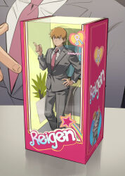 Rule 34 | 1boy, barbie (franchise), black eyes, box, brown hair, character doll, character name, collared shirt, commentary, english commentary, grey jacket, grey pants, hand on own hip, index finger raised, jacket, kadeart, male focus, mob psycho 100, necktie, pants, reigen arataka, shirt, solo, white shirt