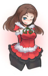 Rule 34 | 1girl, ;), arceonn, arms behind back, black pantyhose, blue eyes, blush, breasts, brown hair, capelet, christmas, cropped legs, detached sleeves, long hair, one eye closed, original, pantyhose, smile, solo, thick thighs, thighs, wide hips, wink