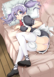 Rule 34 | 1girl, ass, bad id, bad pixiv id, blue eyes, blush, breast press, breasts, couch, frilled pillow, frills, from above, hair ribbon, long hair, looking back, lying, maid, maid headdress, medium breasts, on side, original, panties, pantyshot, pillow, pink panties, purple hair, ribbon, shoes, solo, thighhighs, twintails, underwear, upskirt, white thighhighs, yotsuha (little squash)