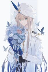 Rule 34 | 1boy, aqua eyes, blue butterfly, blue flower, blue gloves, blue hair, blue rose, bouquet, bug, butterfly, closed mouth, fate/grand order, fate/grand order arcade, fate (series), flower, gloves, gradient hair, hair between eyes, highres, holding, holding bouquet, insect, light brown hair, long hair, long sleeves, looking at viewer, male focus, multicolored hair, nemo (fate), rose, sherry 0014, simple background, solo, turban, uniform, very long hair