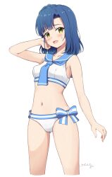 Rule 34 | 1girl, absurdres, aqua hair, blush, breasts, collarbone, commentary, cropped legs, dated, gluteal fold, highres, idolmaster, idolmaster million live!, looking at viewer, medium hair, miso (misomiso 154), nanao yuriko, navel, sailor bikini, sailor collar, sailor swimsuit (idolmaster), signature, simple background, small breasts, solo, stomach, sweatdrop, white background, yellow eyes