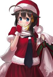 Rule 34 | 10s, 1girl, ahoge, alternate costume, ao iro, blue eyes, blush, braid, breasts, brown hair, fingerless gloves, gloves, hair between eyes, hair flaps, hair ornament, hair over shoulder, hair ribbon, hat, highres, kantai collection, looking at viewer, medium breasts, pom pom (clothes), red gloves, ribbon, santa costume, santa hat, shigure (kancolle), shigure kai ni (kancolle), short sleeves, simple background, single braid, skirt, skirt set, smile, solo, tress ribbon, upper body, white background