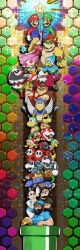Rule 34 | 2girls, 6+boys, ? block, absurdres, armlet, banzai bill, biddybud, bird, blonde hair, blooper (mario), blue eyes, blue overalls, bob-omb, bowser, bracelet, bramball, brick, cape, cheep cheep, coin block, collar, cranky kong, crown, donkey kong, dress, dry bones, earrings, facial hair, food, foreman spike, glasses, gloves, goomba, green headwear, green shirt, hammer brothers, hat, highres, holding, holding food, holding pizza, holding wand, horns, jewelry, jojo no kimyou na bouken, kamek, king bob-omb, king penguin (mario), koopa general, koopa troopa, looking at viewer, luigi, lumalee, mama mario, mario, mario (series), maw-ray, multiple boys, multiple girls, mustache, name tag, necktie, nintendo, open mouth, overalls, p on kome, papa mario, parody, penguin, penguin (mario), pink dress, piranha plant, pizza, pizza slice, princess peach, rainbow gradient, red headwear, red shirt, sharp teeth, shirt, shy guy, smile, snifit, sphere earrings, spiked armlet, spiked collar, spikes, spiny, sunglasses, super star (mario), teeth, the super mario bros. movie, toad (mario), vento aureo, wand, warp pipe, white gloves