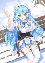Rule 34 | 1girl, ahoge, arm up, belt, bench, beret, blouse, blue coat, blue hair, blue nails, blue skirt, blush, braid, breasts, cleavage, coat, commentary request, corset, elf, fang, flower, french braid, frilled skirt, frills, fur-trimmed coat, fur trim, hair between eyes, hair flower, hair ornament, half updo, hat, heart, heart ahoge, highres, hololive, jiu fanglianhua, long hair, long sleeves, looking at viewer, medium breasts, nail polish, open mouth, pointy ears, shirt, sitting, skin fang, skirt, sleeveless, sleeveless shirt, snow, solo, thighhighs, very long hair, virtual youtuber, white hat, white shirt, white thighhighs, yellow eyes, yukihana lamy, zettai ryouiki