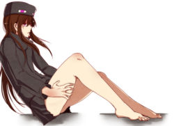 Rule 34 | 1girl, at2., barefoot, black coat, brown hair, coat, commentary request, enderman, from side, hand on own thigh, hat, highres, long hair, minecraft, open mouth, personification, purple eyes, simple background, skirt, solo, white background