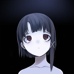 Rule 34 | 1girl, asymmetrical hair, bare shoulders, black background, brown eyes, brown hair, closed mouth, hair ornament, hairclip, iwakura lain, ompf, serial experiments lain, short hair, simple background, solo