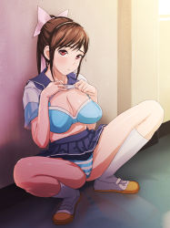 Rule 34 | 1girl, bow, bra, breasts, brown hair, cleavage, clothes lift, hair bow, highres, kneehighs, large breasts, legs, lingerie, love plus, panties, pantyshot, ponytail, shirt lift, shoes, socks, solo, spread legs, squatting, striped clothes, striped panties, takane manaka, underwear, usatarou, uwabaki, white socks