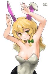 Rule 34 | 1girl, alternate costume, animal ears, armpits, arms up, bare shoulders, black pantyhose, blonde hair, blush, bow, braid, breasts, closed mouth, commentary request, dress, embarrassed, fake animal ears, green bow, grey dress, hair between eyes, hair bow, hands up, highres, kirisame marisa, leotard, long hair, looking at viewer, medium breasts, pantyhose, playboy bunny, rabbit ears, rabbit pose, signature, simple background, single braid, smile, solo, sweatdrop, touhou, white background, yanotsuki18, yellow eyes