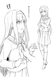 Rule 34 | !?, 1girl, character request, commentary request, copyright request, flat chest, greyscale, hair ornament, hairband, hand on breast, kneehighs, long hair, long sleeves, looking at viewer, monochrome, multiple views, open mouth, pleated skirt, school uniform, shirt, shiseki hirame, shoes, simple background, skirt, socks, translation request, v-shaped eyebrows, white background