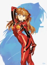 Rule 34 | 1girl, blue eyes, breasts, highres, interface headset, long hair, looking at viewer, neon genesis evangelion, optionaltypo, orange hair, plugsuit, shiny clothes, simple background, small breasts, solo, souryuu asuka langley, standing