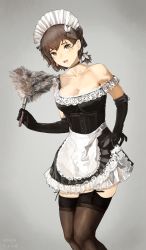 Rule 34 | 1girl, absurdres, apron, artist name, black choker, black dress, black gloves, black thighhighs, breasts, brown eyes, brown hair, choker, cleavage, collarbone, commentary, dated, dress, duster, elbow gloves, english commentary, feather duster, feet out of frame, garter straps, gloves, grey background, hair bun, hair ornament, hair rings, hairclip, highres, kino shay, large breasts, looking at viewer, maid, maid apron, maid headdress, mole, mole under eye, off-shoulder dress, off shoulder, open mouth, original, petticoat, single hair bun, skindentation, skirt hold, solo, thighhighs, wavy mouth, white apron