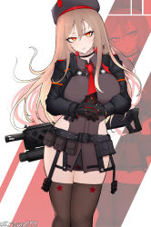Rule 34 | 1girl, ammunition belt, assault rifle, beret, black choker, black gloves, black jacket, blonde hair, breasts, brown thighhighs, choker, collared leotard, cropped jacket, expressionless, feet out of frame, gloves, goddess of victory: nikke, gun, gun on back, h&amp;k hk416, hand on hand, hat, highres, jacket, large breasts, light blush, long hair, long sleeves, looking at viewer, necktie, open mouth, orange eyes, parted lips, rapi (nikke), red necktie, rifle, simple background, solo, standing, thighhighs, twitter username, weapon, weapon on back, wuwuwu (kriswu555)